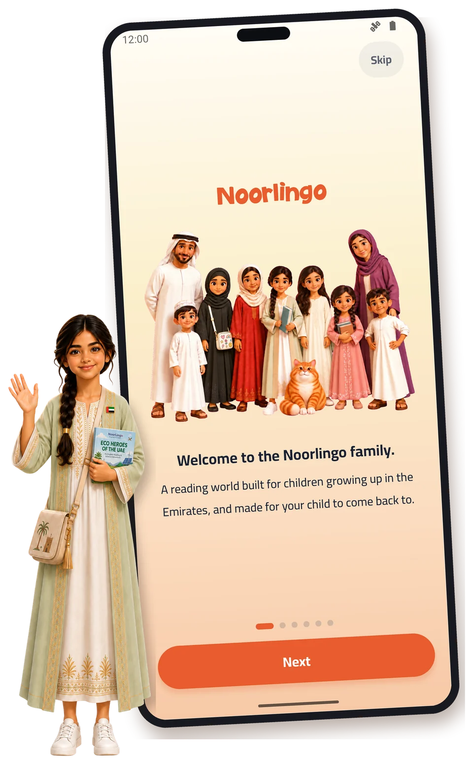 App-store screenshot: Welcome to the Noorlingo family, with the app onboarding screen and Noor.