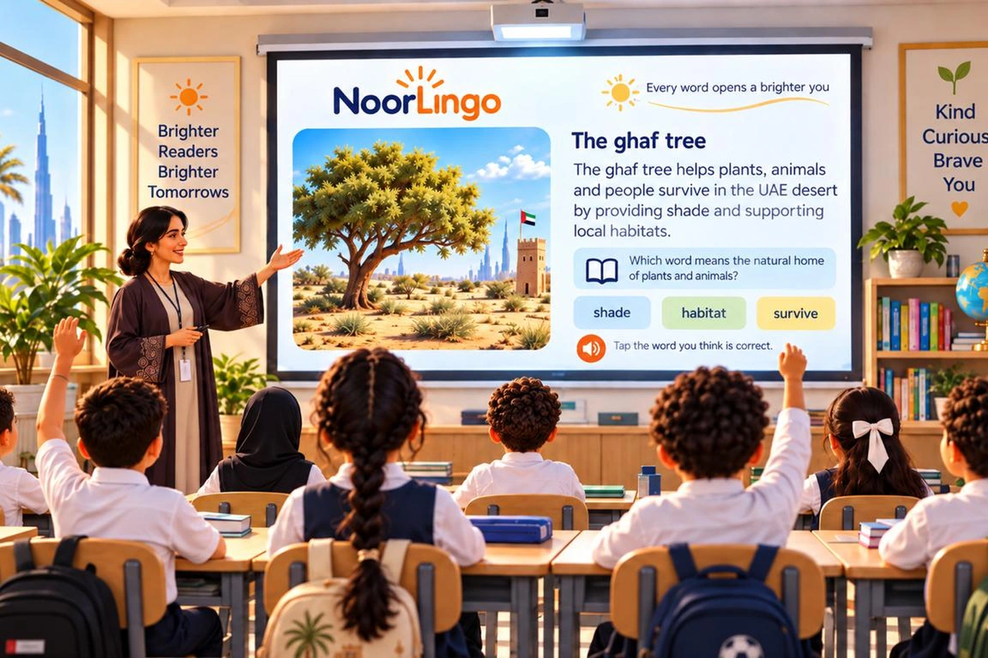 Students in school uniforms learning with Noorlingo and their teacher in a plum robe with her hair uncovered