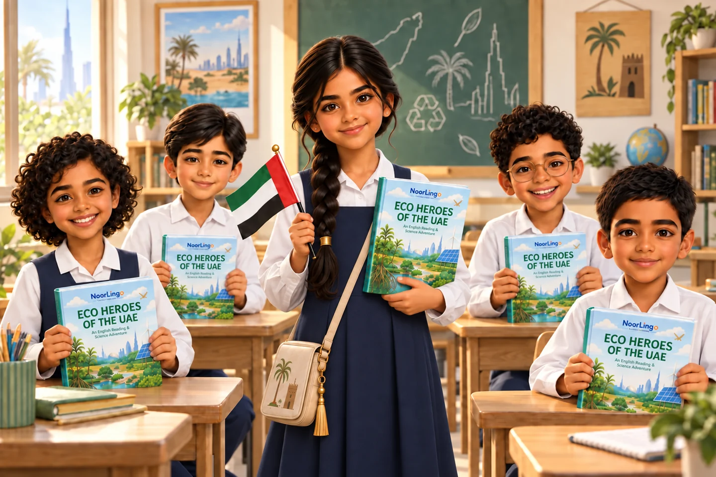 Noor and her classmates in matching school uniforms holding Eco Heroes books