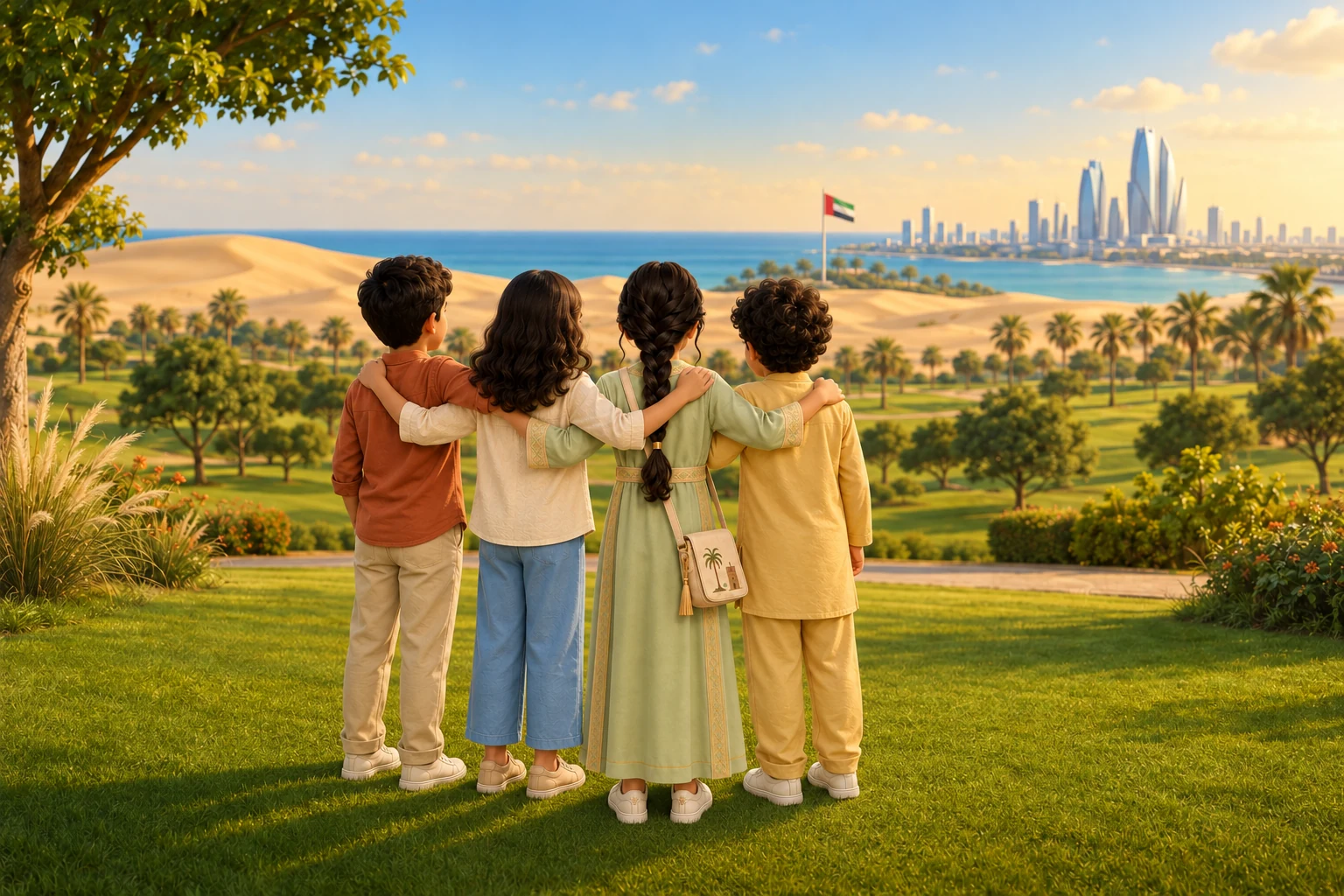 Four friends with their arms around each other, looking across a UAE landscape with a flag in the distance