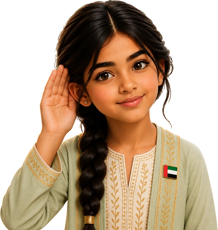 Noor listening attentively with her hand beside her ear