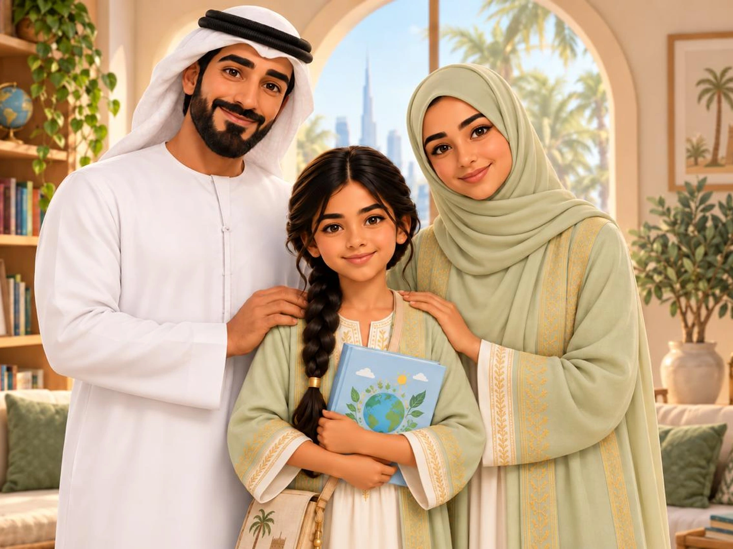 Noor with her parents in a welcoming family reading corner
