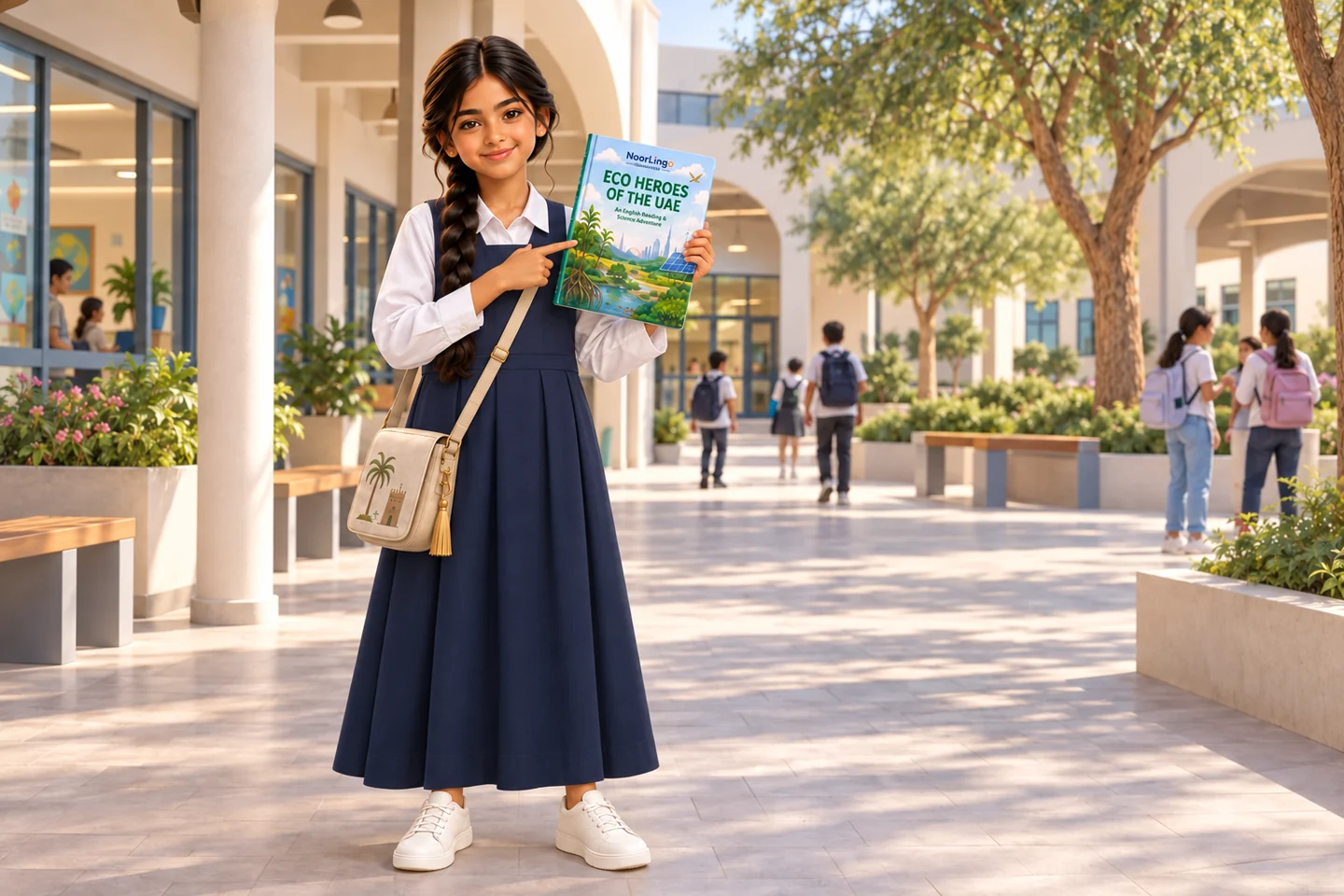 Noor in school uniform with her Eco Heroes book in a UAE school courtyard