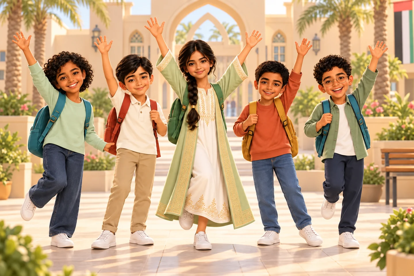 Noor and her four friends with school bags; her friends wear casual clothes